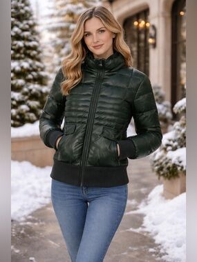 Sisley Women's Dark Green Quilted Puffer Jacket Bomber Coat Down Feather Filled